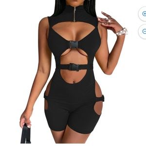 2X High Neck Bodysuit Romper Sleeveless Buckle Cutout Short Jumpsuit Scuba